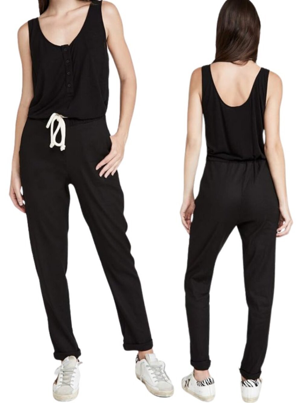 Monrow Revolve Linen Knit & Woven Jumpsuit Women's Medium Black Minimalist NWT